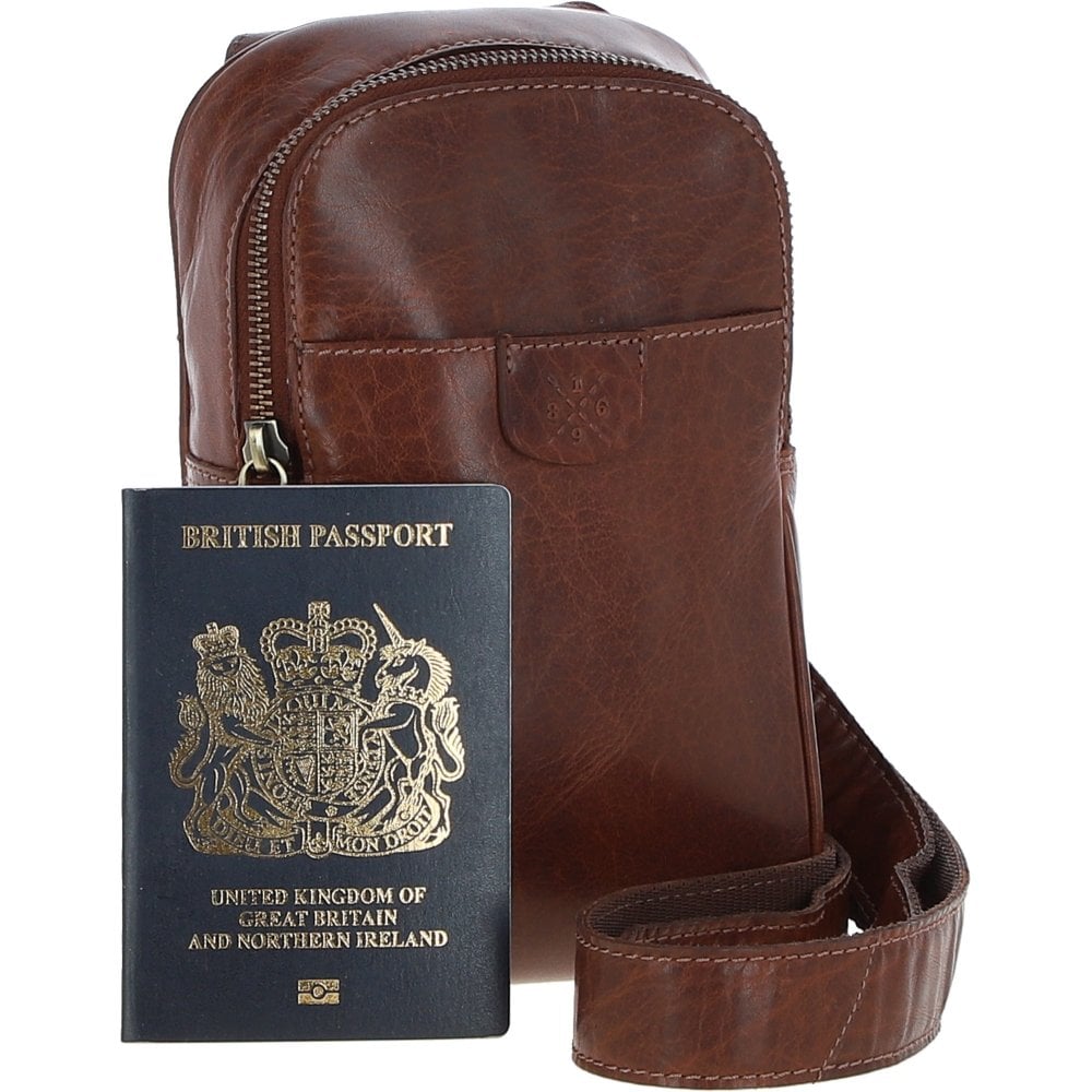 Three Pocket Leather Sling Bag - Chestnut