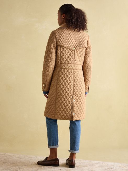 Rosewell Tan Brown Showerproof Longline Diamond Quilted Coat