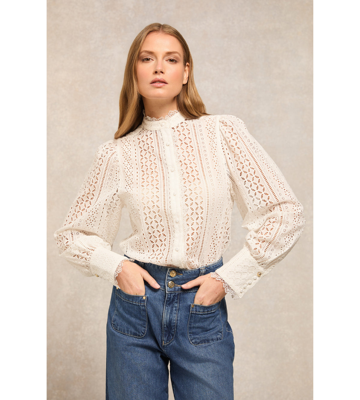Collarless Broderie Shirt