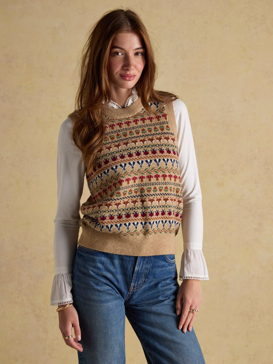Woodland Oatmeal Cotton-Rich Intarsia Crew Neck Knitted Vest