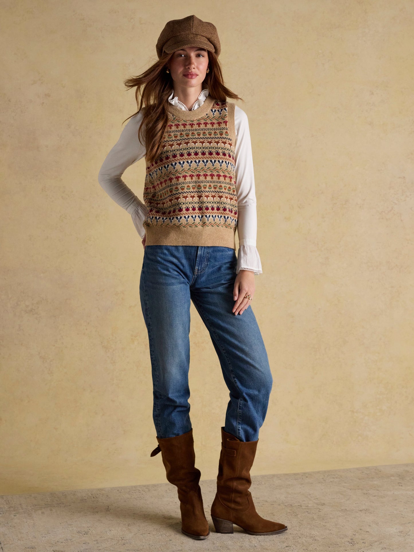 Woodland Oatmeal Cotton-Rich Intarsia Crew Neck Knitted Vest