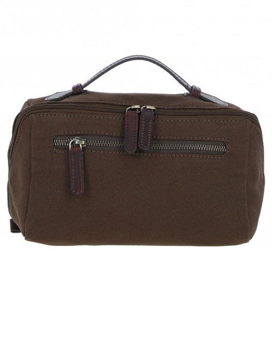 Fenland Canvas & Leather Wash Bag - Brandy/Green
