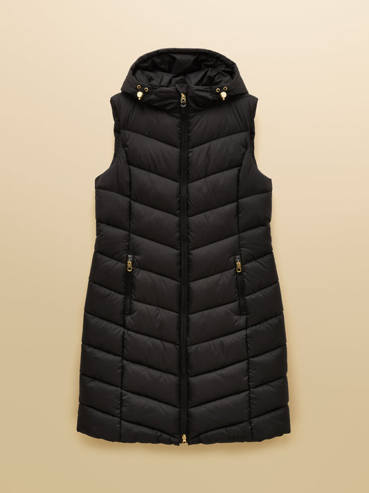 Moorsdale Black Longline Showerproof Padded Gilet with Hood