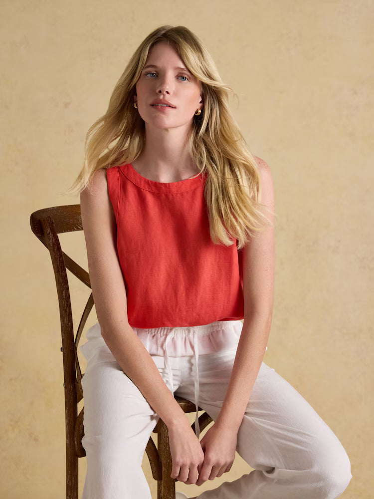 Cove Orange Round Neck Sleeveless Linen Blend Top