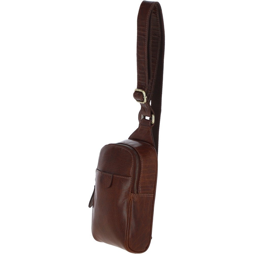 Three Pocket Leather Sling Bag - Chestnut
