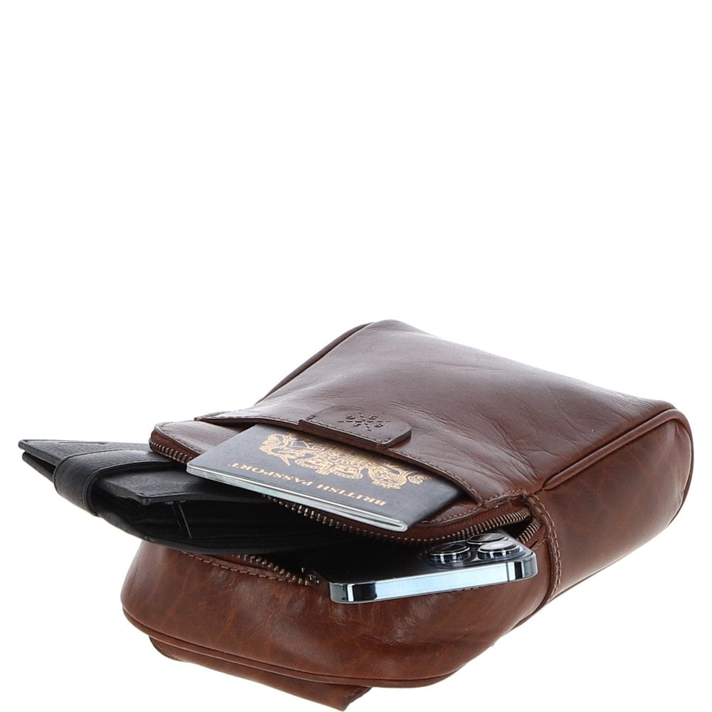 Three Pocket Leather Sling Bag - Chestnut