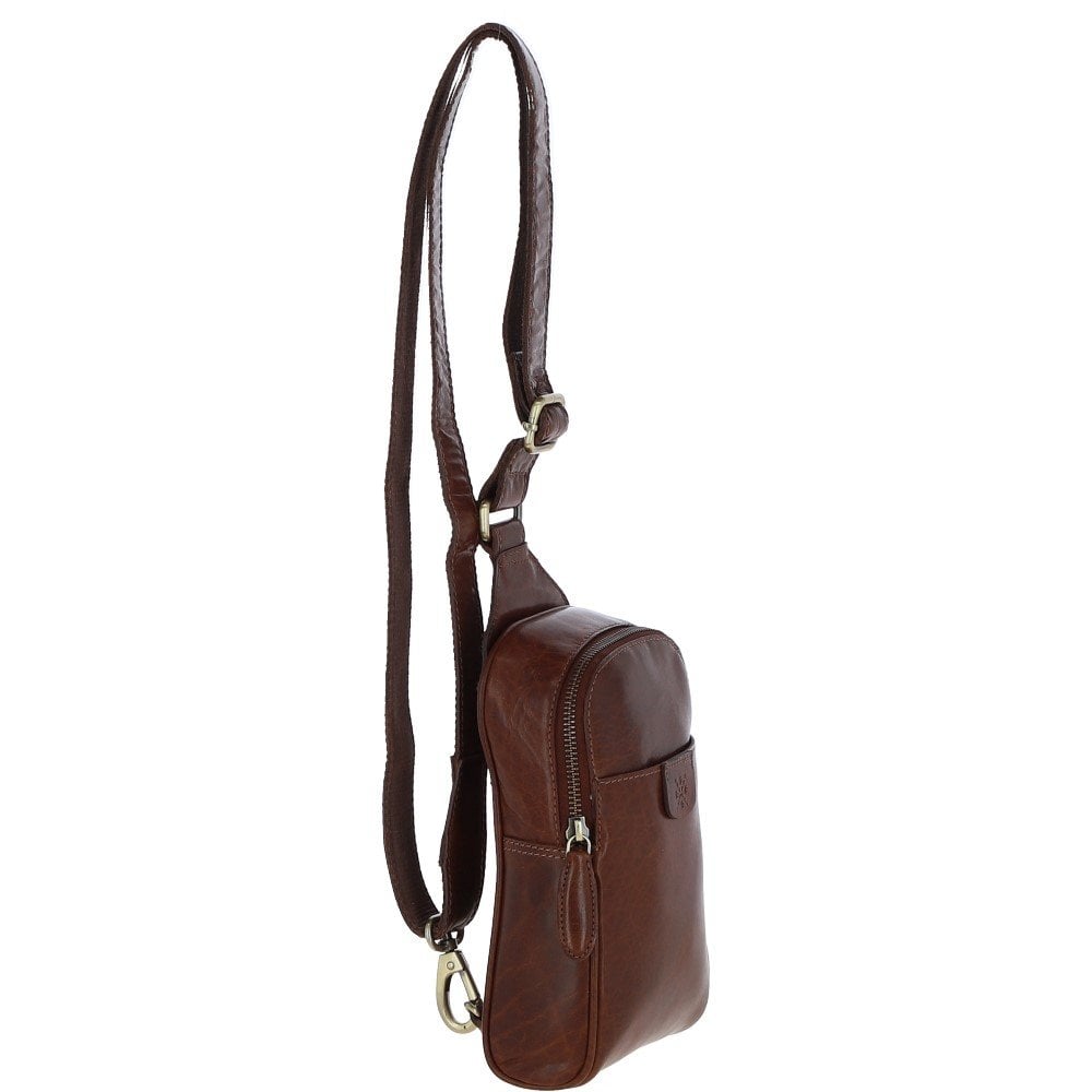Three Pocket Leather Sling Bag - Chestnut