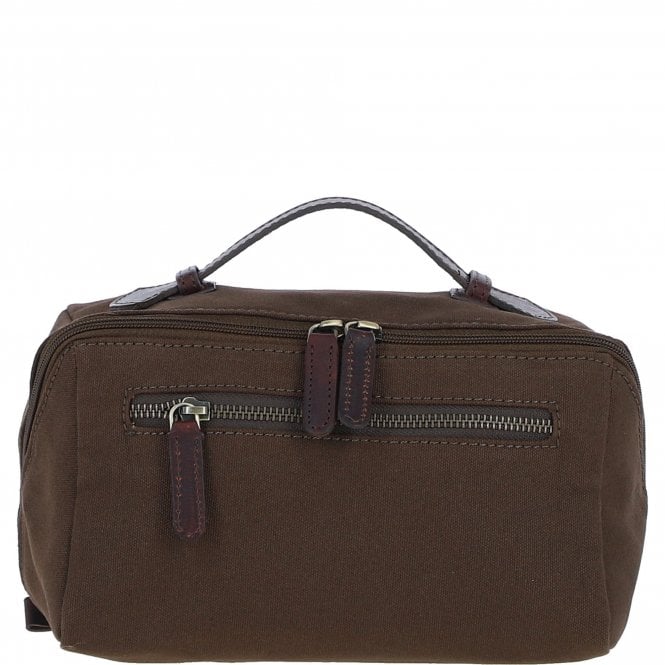 Fenland Canvas & Leather Wash Bag - Brandy/Green