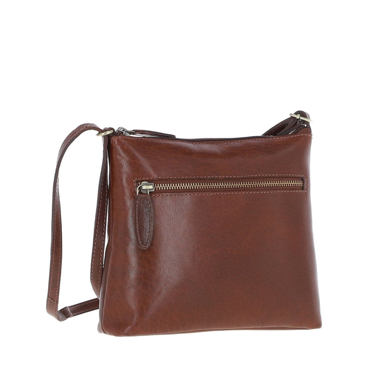 Zip Top Leather Crossbody Bag - Chestnut