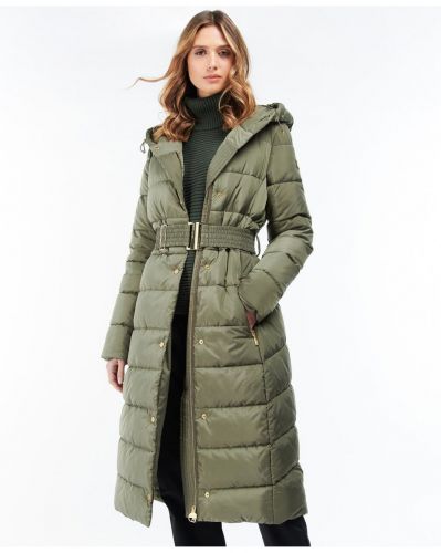 barbour international track line long quilted hooded coat honey